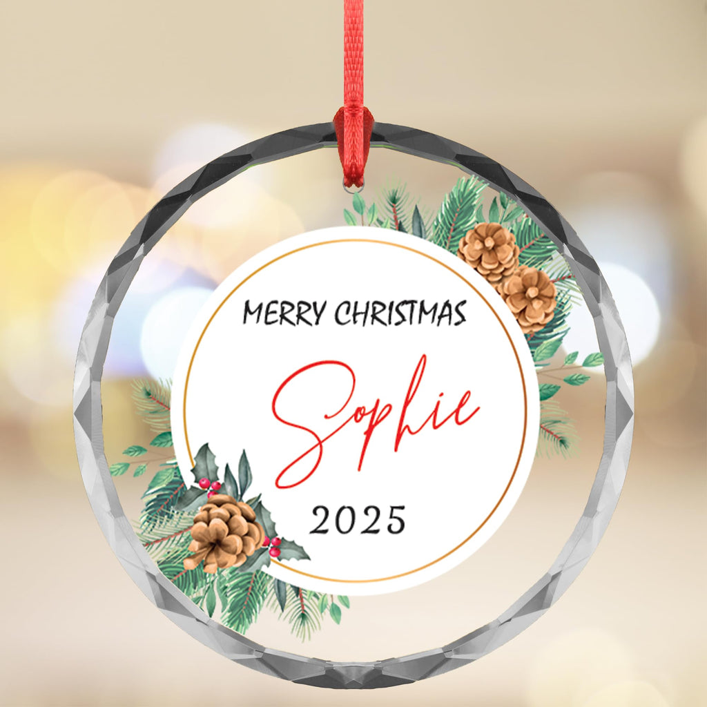 Personalized Christmas Ornament 2025 - Custom Name Glass / Acrylic Tree Decoration - Transparent (Pinecone Circle Wreath)
