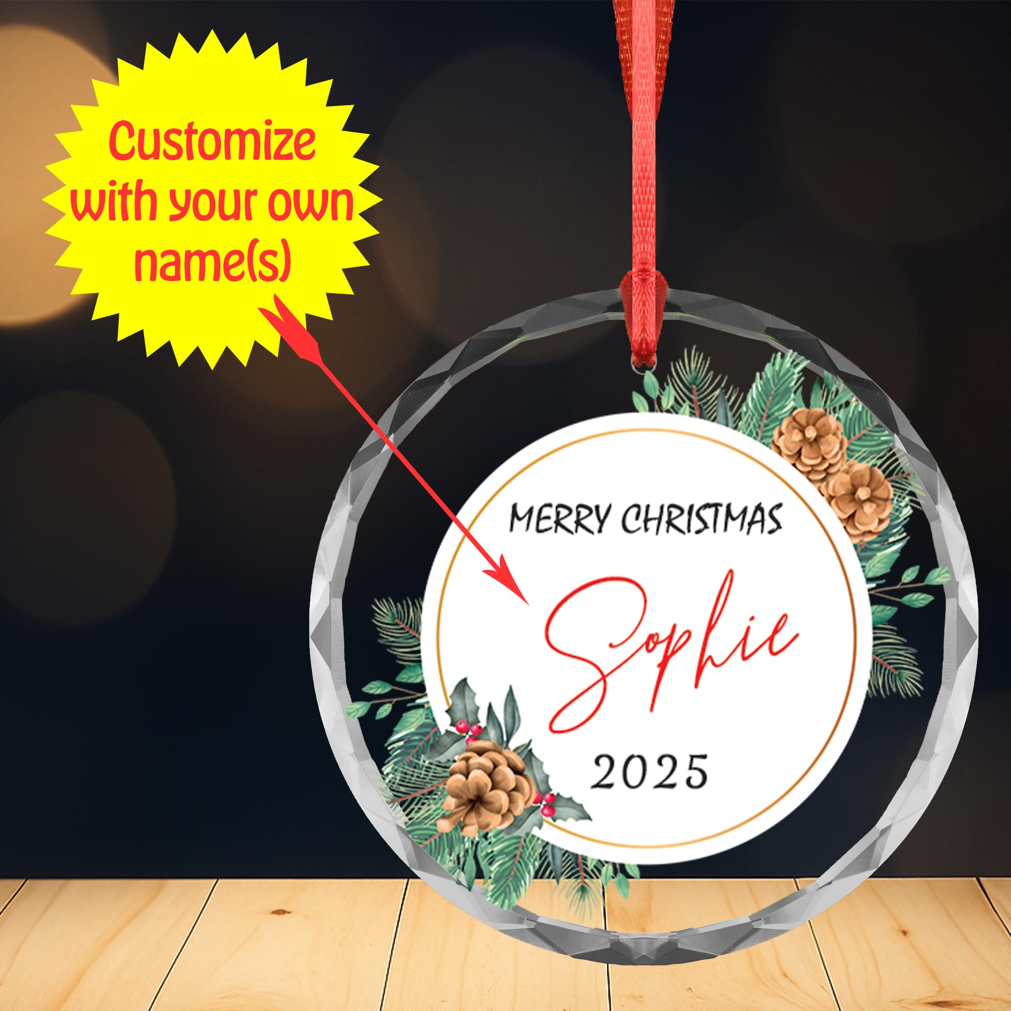 Personalized Christmas Ornament 2025 - Custom Name Glass / Acrylic Tree Decoration - Transparent (Pinecone Circle Wreath)