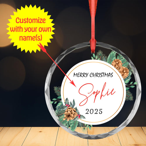 Personalized Christmas Ornament 2025 - Custom Name Glass / Acrylic Tree Decoration - Transparent (Pinecone Circle Wreath)