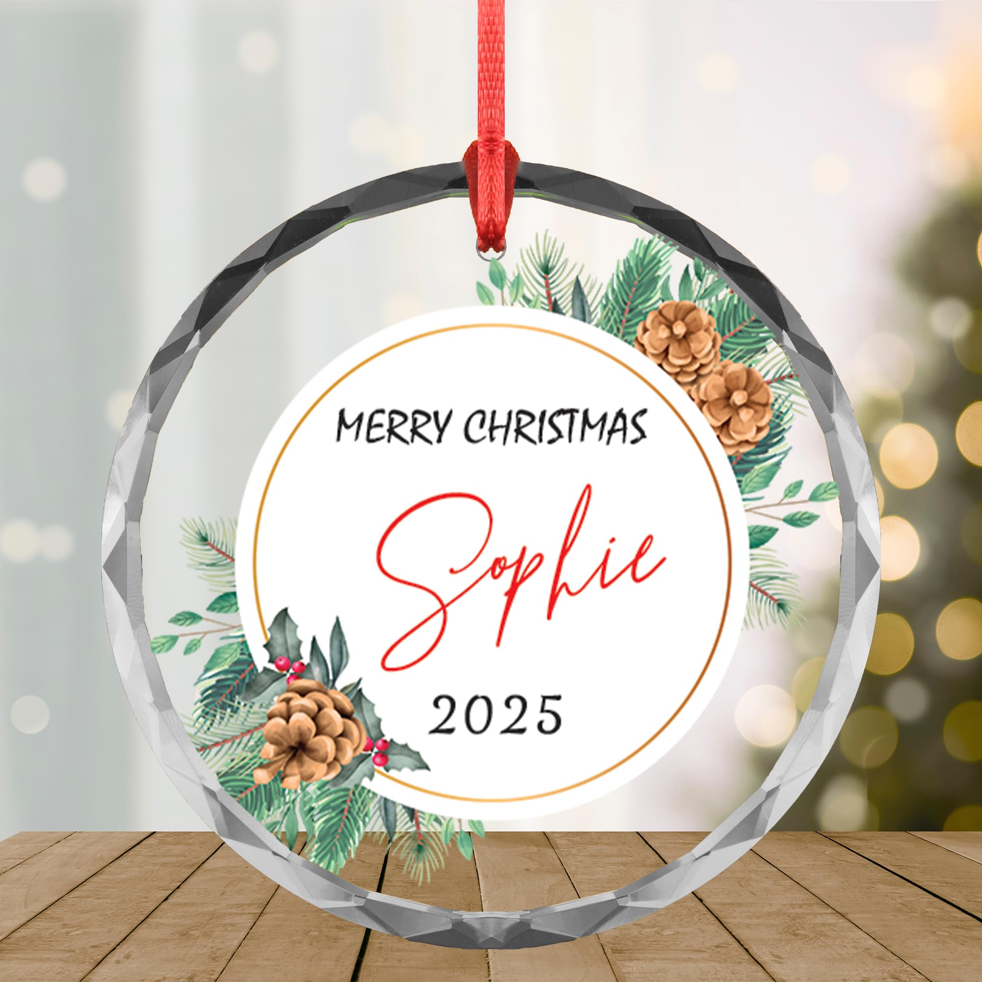 Personalized Christmas Ornament 2025 - Custom Name Glass / Acrylic Tree Decoration - Transparent (Pinecone Circle Wreath)