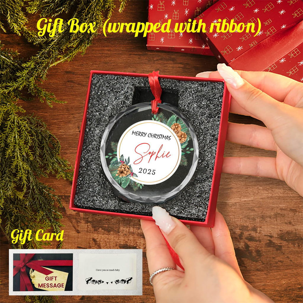 Personalized Christmas Ornament 2025 - Custom Name Glass / Acrylic Tree Decoration - Transparent (Pinecone Circle Wreath)