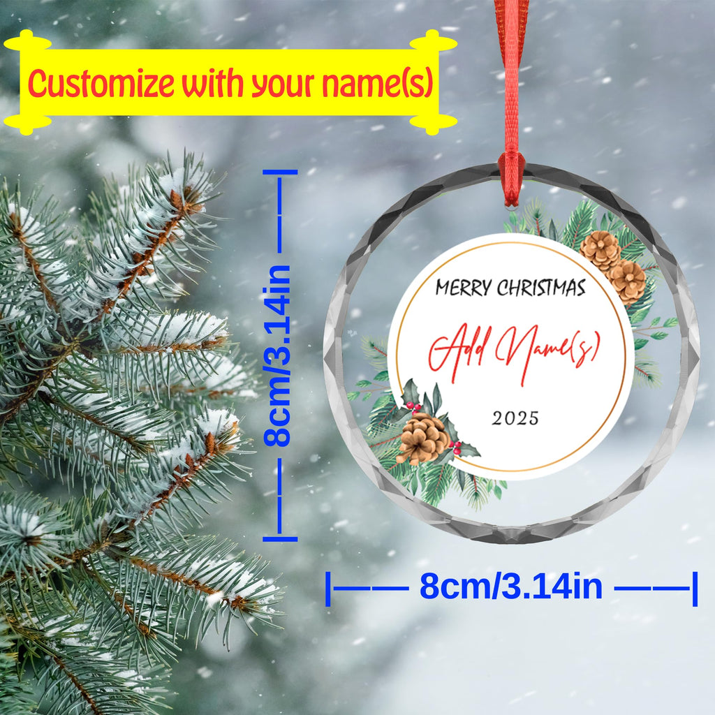 Personalized Christmas Ornament 2025 - Custom Name Glass / Acrylic Tree Decoration - Transparent (Pinecone Circle Wreath)