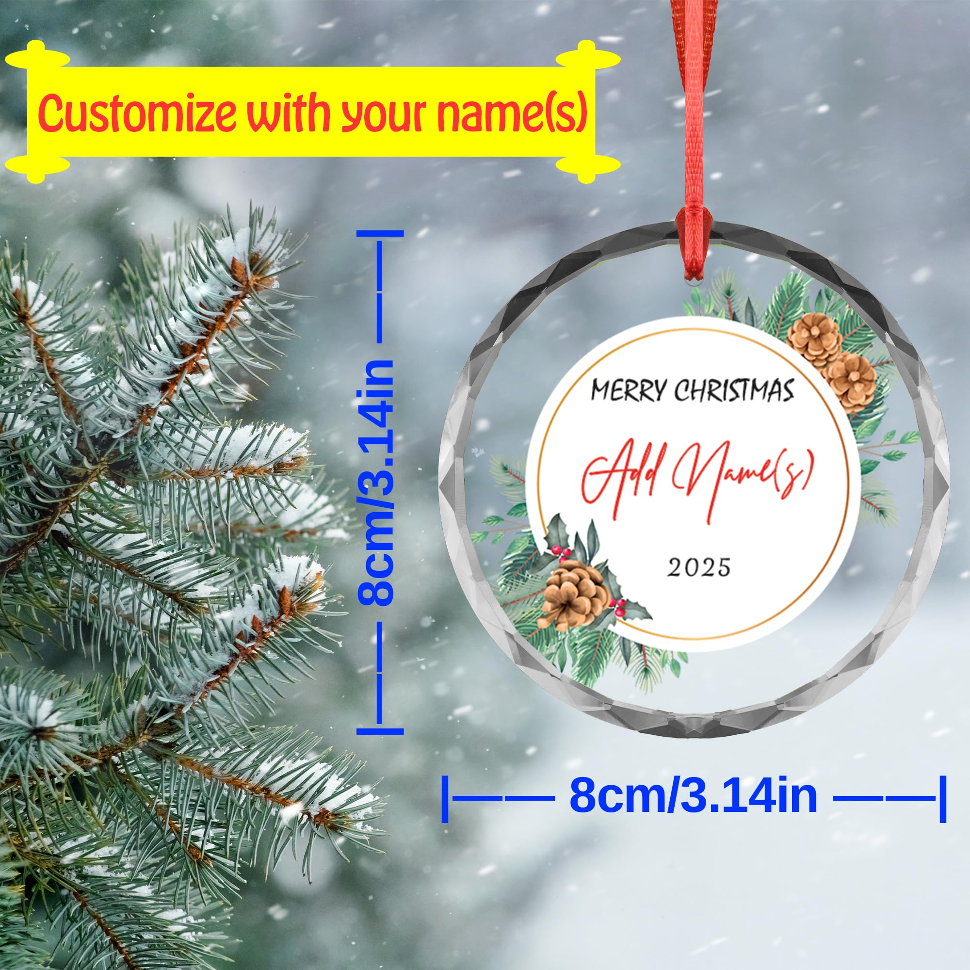 Personalized Christmas Ornament 2025 - Custom Name Glass / Acrylic Tree Decoration - Transparent (Pinecone Circle Wreath)