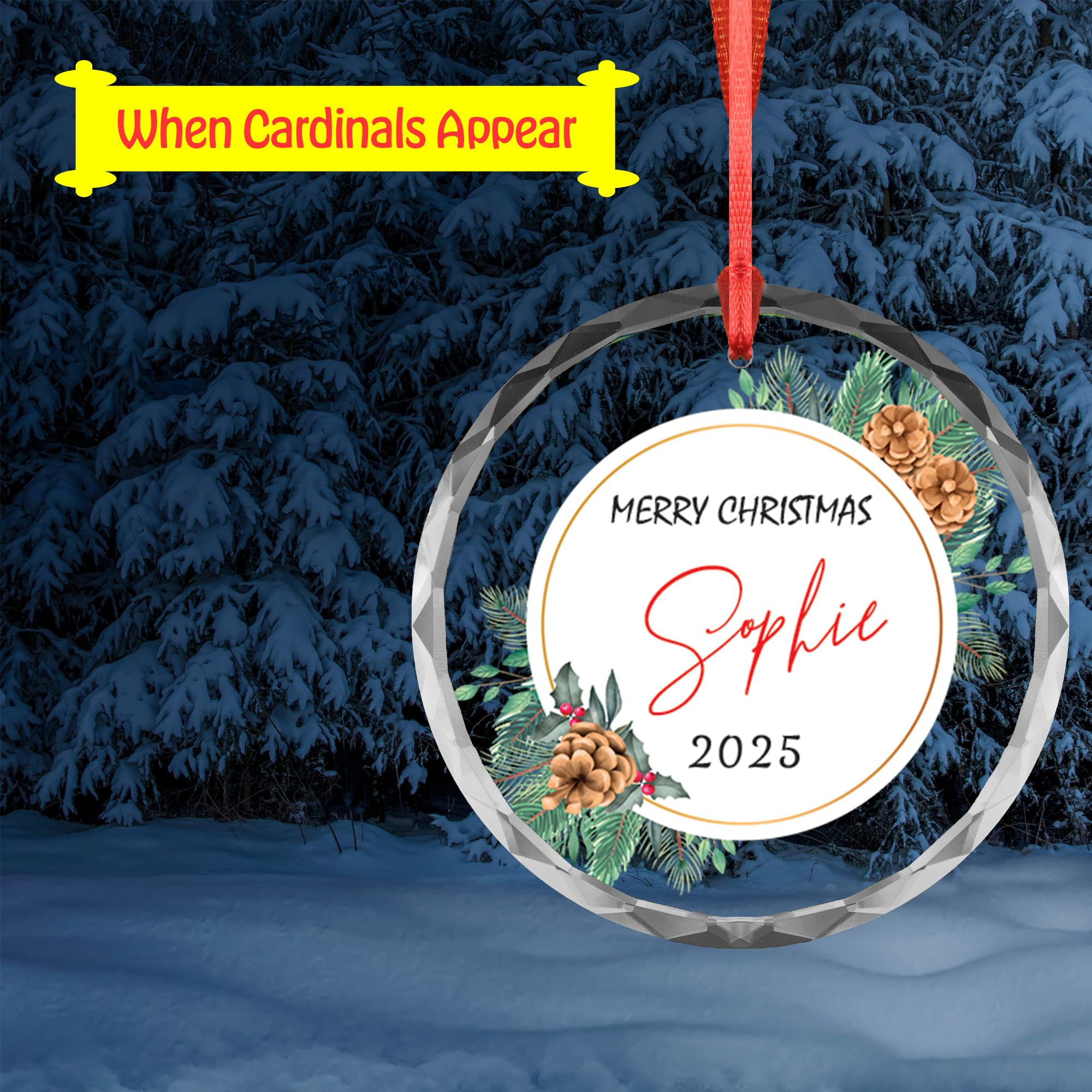 Personalized Christmas Ornament 2025 - Custom Name Glass / Acrylic Tree Decoration - Transparent (Pinecone Circle Wreath)