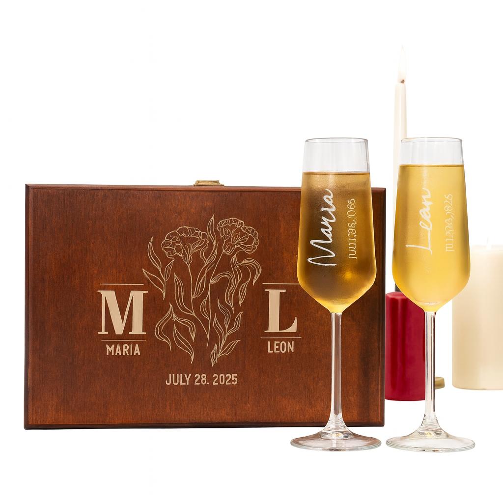 Christmas Personalized Champagne Flutes Set with Engraved Wooden Box, Custom Name Wedding Couple Gift