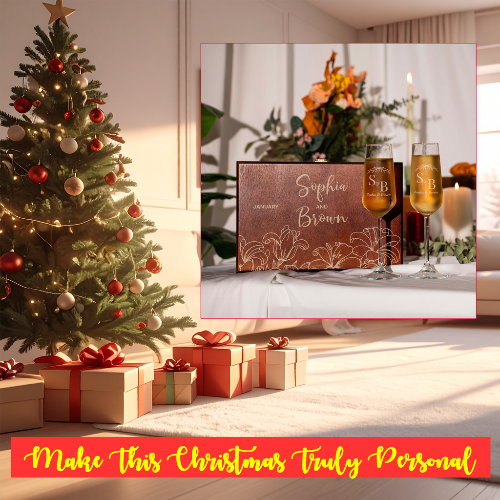 Christmas Personalized Champagne Flutes Set with Engraved Wooden Box, Custom Name Wedding Couple Gift