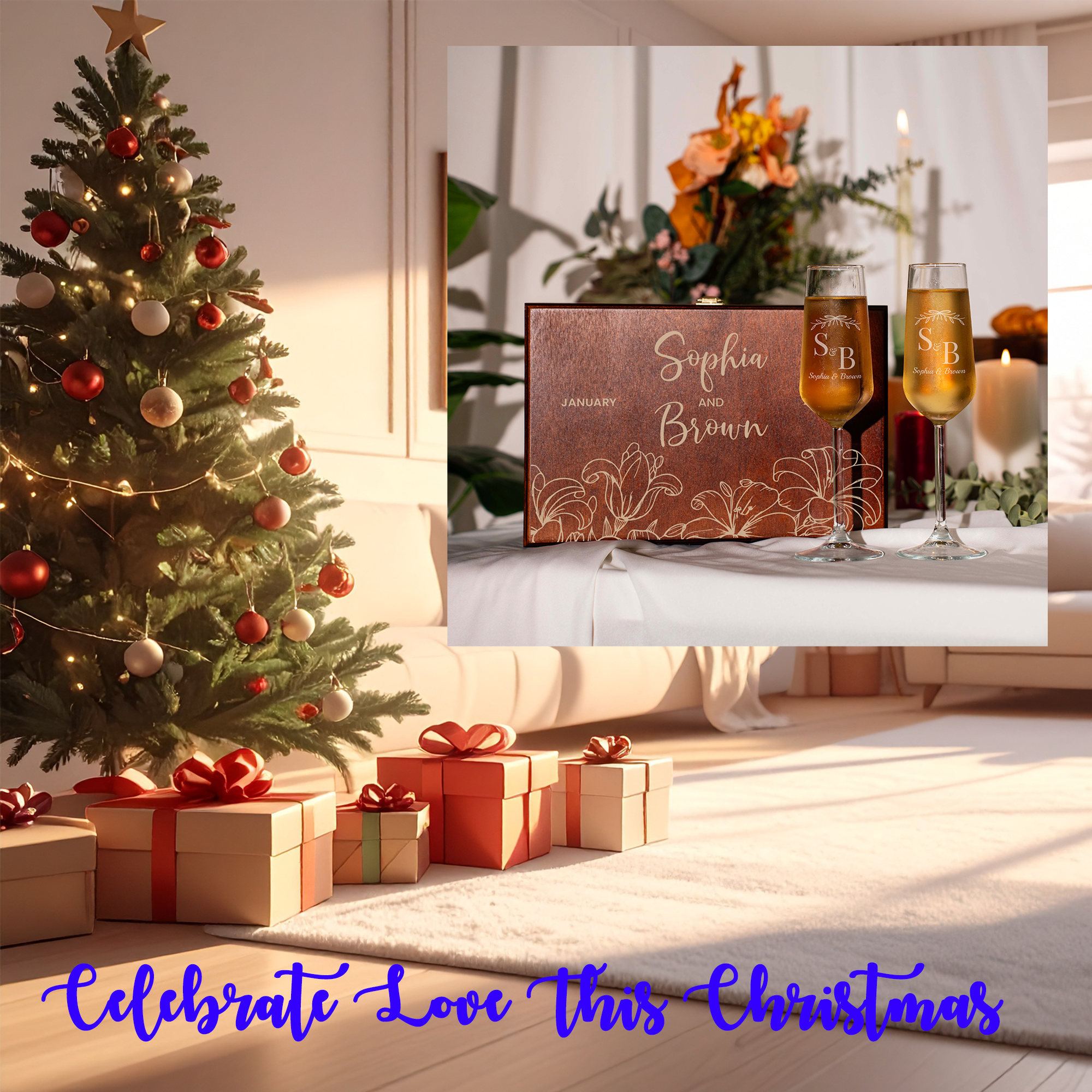 Christmas Personalized Champagne Flutes Set with Engraved Wooden Box, Custom Name Wedding Couple Gift