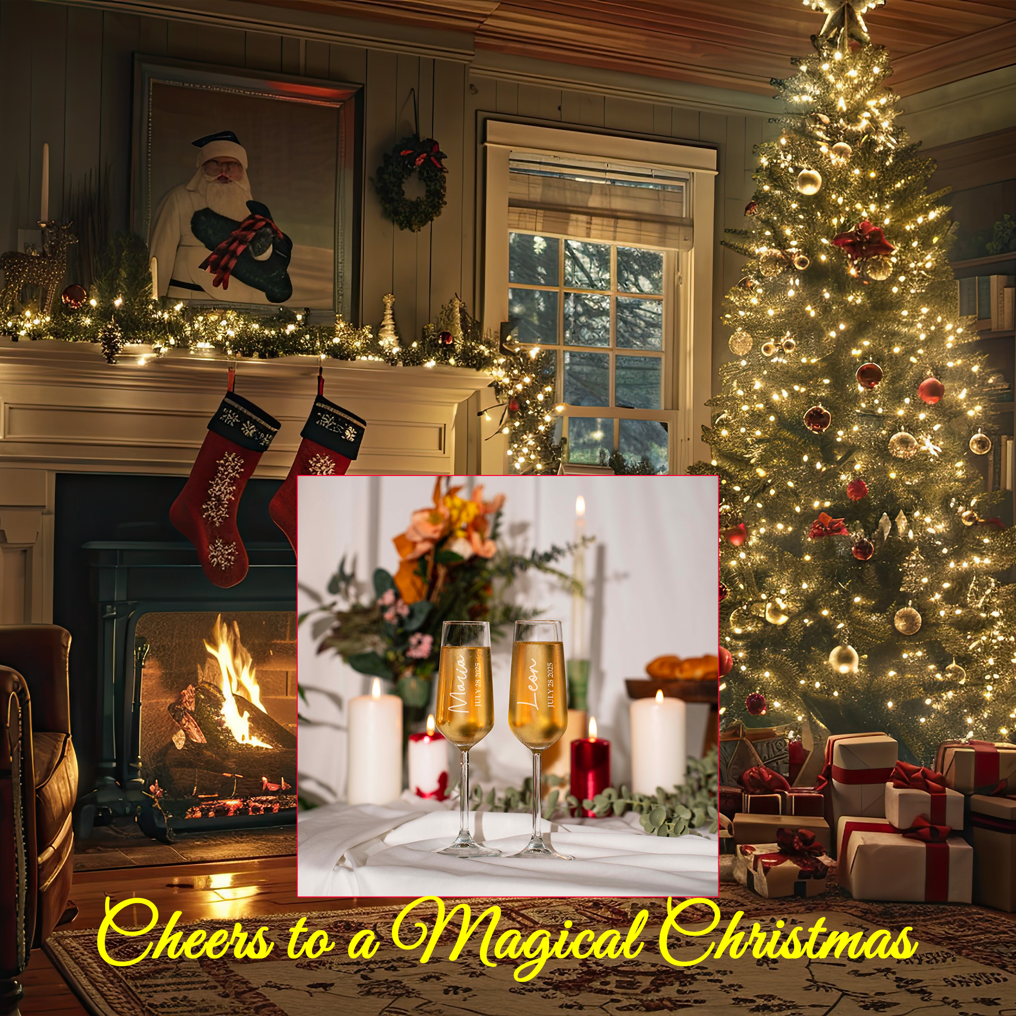 Christmas Personalized Champagne Flutes Set with Engraved Wooden Box, Custom Name Wedding Couple Gift