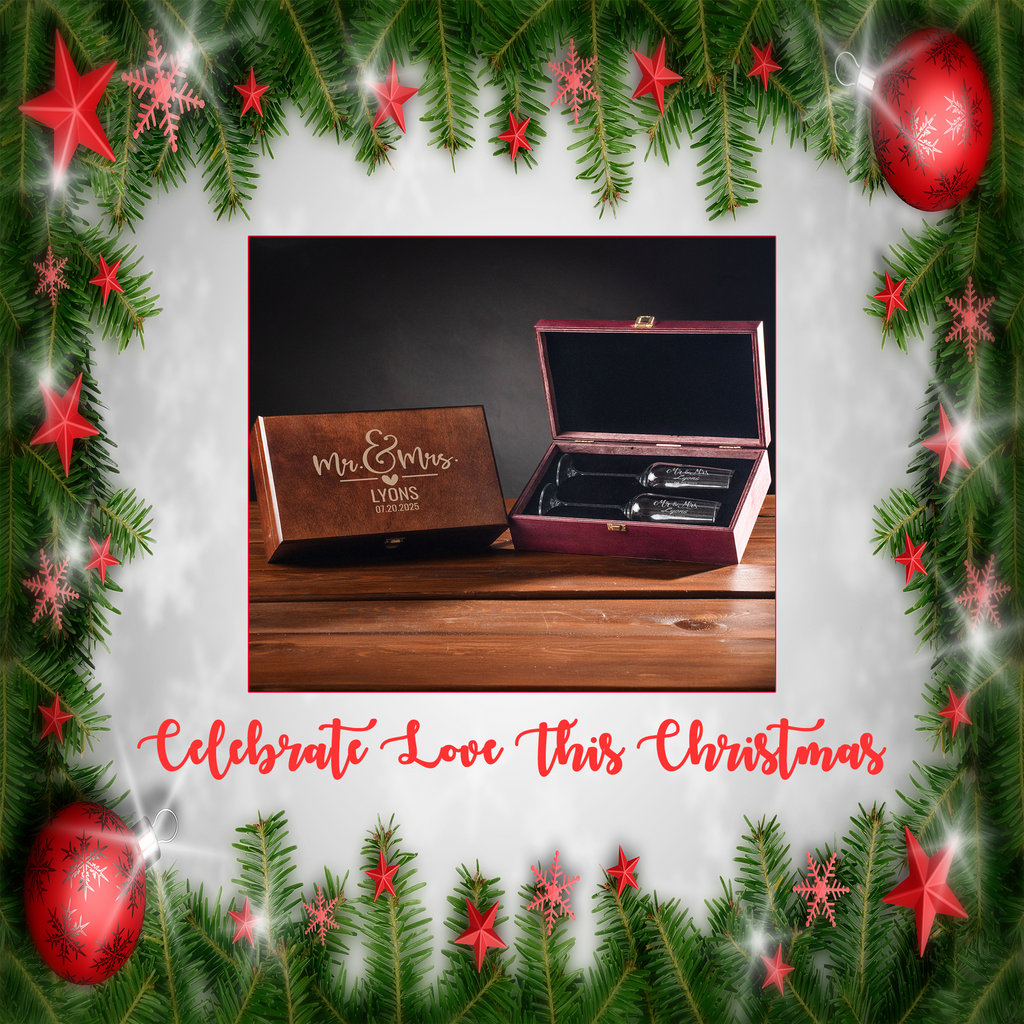 Christmas Personalized Champagne Flutes Set with Engraved Wooden Box, Custom Name Wedding Couple Gift