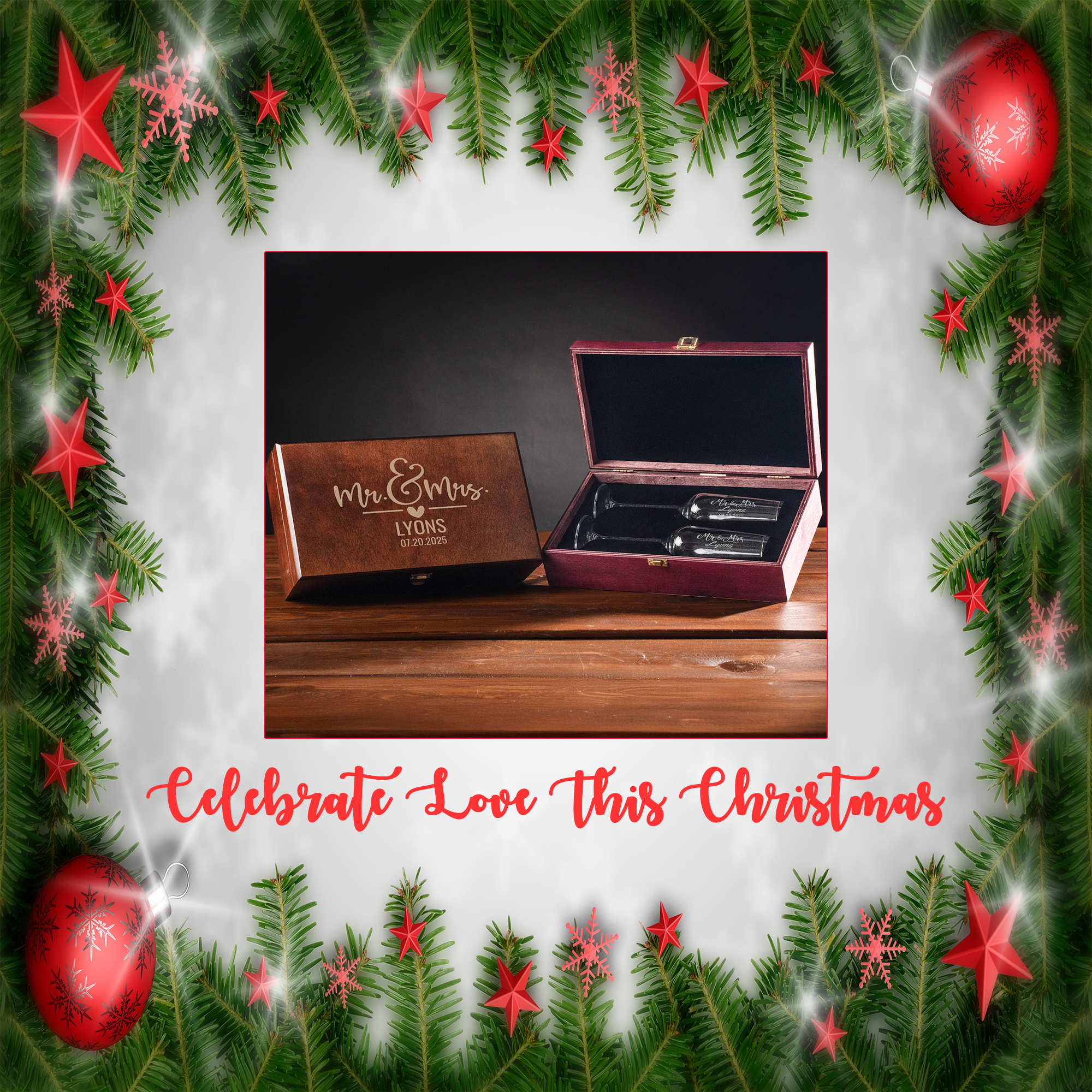 Christmas Personalized Champagne Flutes Set with Engraved Wooden Box, Custom Name Wedding Couple Gift