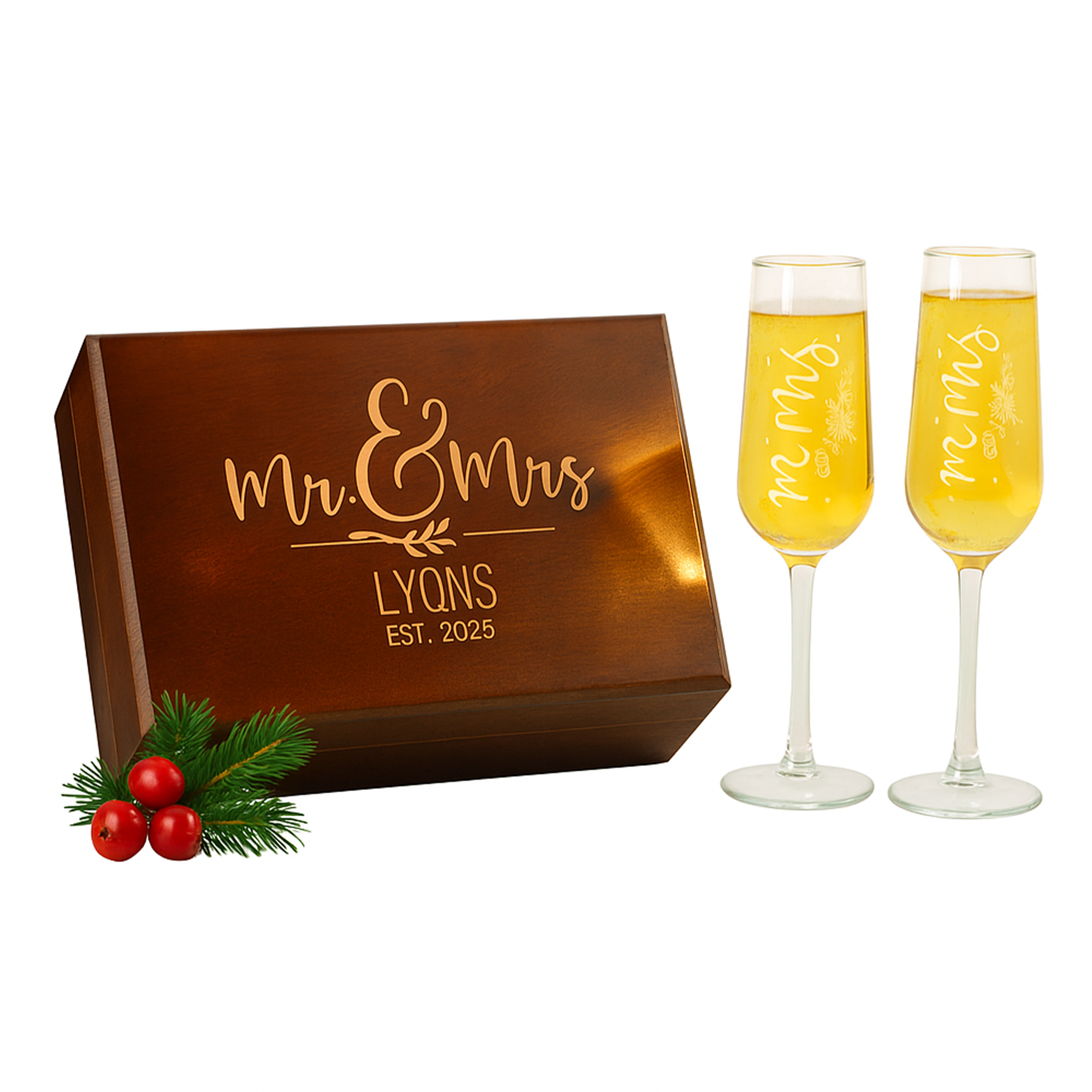Christmas Personalized Champagne Flutes Set with Engraved Wooden Box, Custom Name Wedding Couple Gift