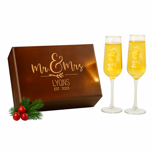 Christmas Personalized Champagne Flutes Set with Engraved Wooden Box, Custom Name Wedding Couple Gift